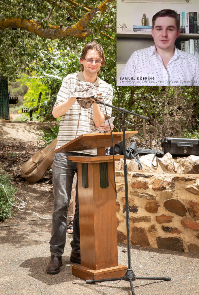 Colin Thiele 100th - Luke Herriman holding phone & Samuel Doering (insert) - Main Photo Robyn Bradbrook