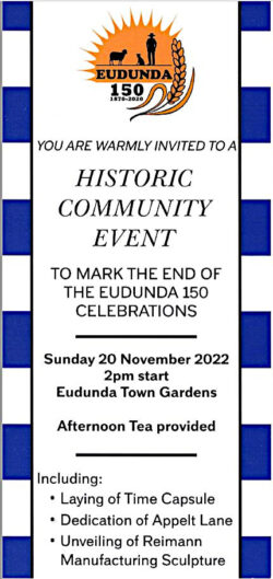 Last Event for 150th – Time Capsule, Appelt Lane, Reimann Man. Sculpture & Afternoon Tea – 20th Nov 2022